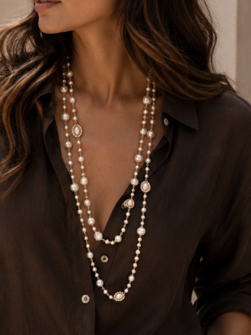 ShopEvelynne Double Strand Pearl Necklace with Gold Accents - Ivory & Gold